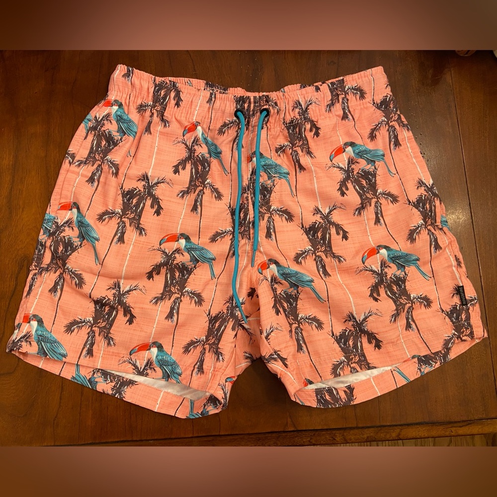 Ring Of Fire Pink Novelty Swim Trunks With Palm Trees And Tucan Size Medium